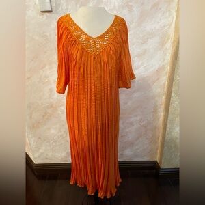 Nicole Stevens Boho Crochet Yoke Orange Pleated Midi Dress One Size